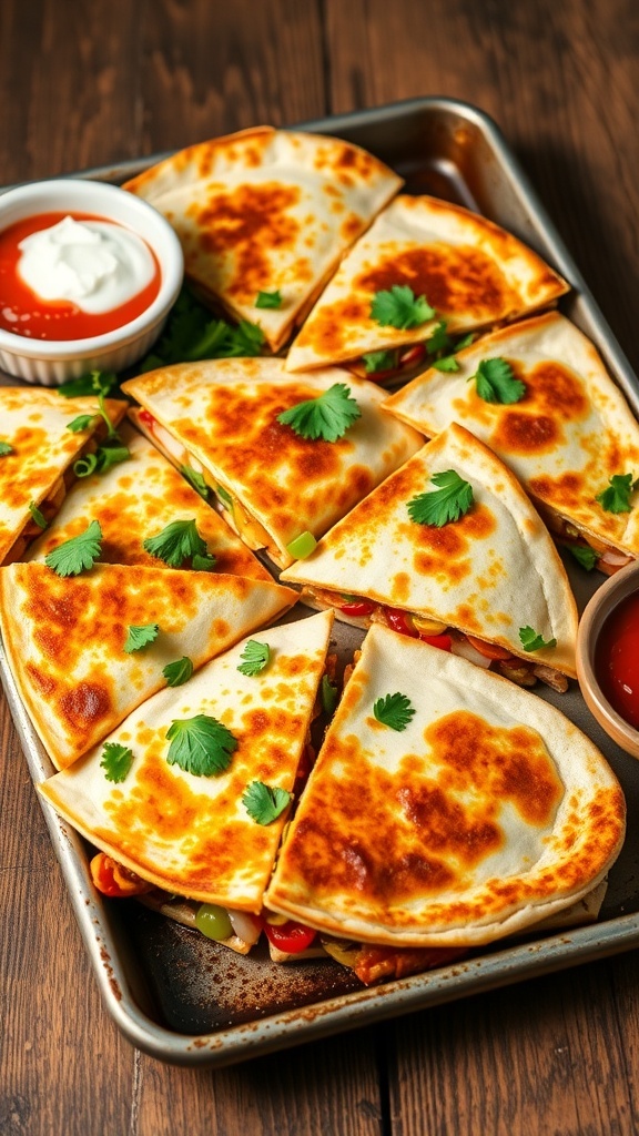 Golden brown chicken quesadillas on a sheet pan, cut into wedges, with sour cream and salsa on the side.